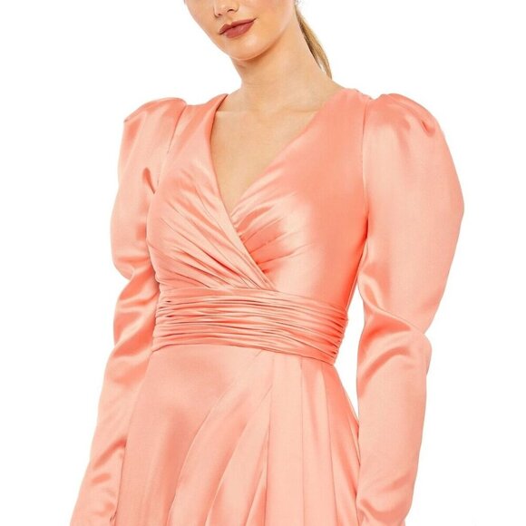 NWT Mac Duggal Faux Wrap Long Sleeve A Line Gown Peach 16 - Picture 2 of 8